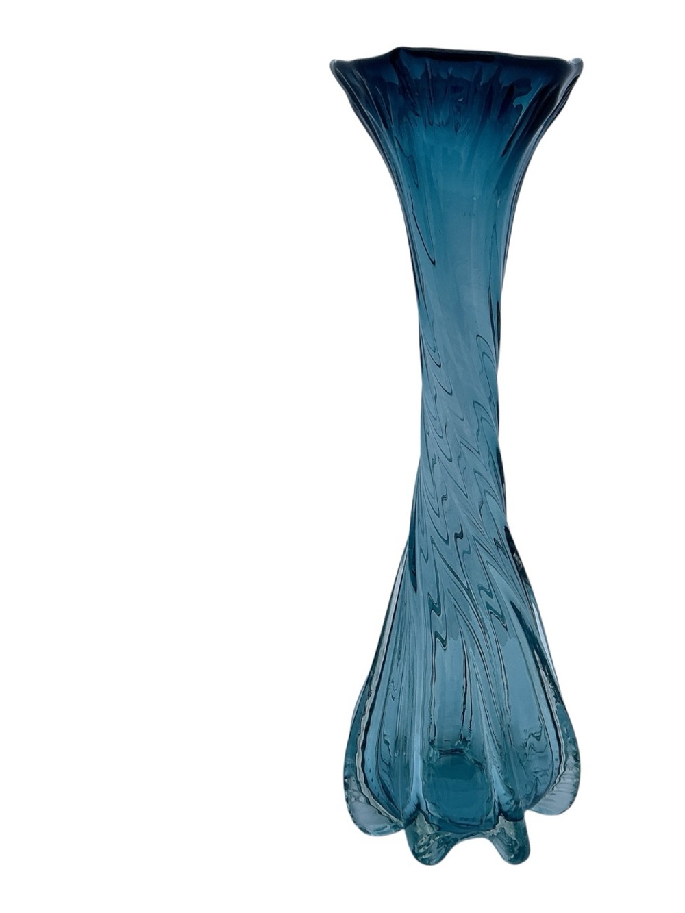Teal Blue Hand Blown Art Glass Ruffled Footed Vase 16” Tall Vintage